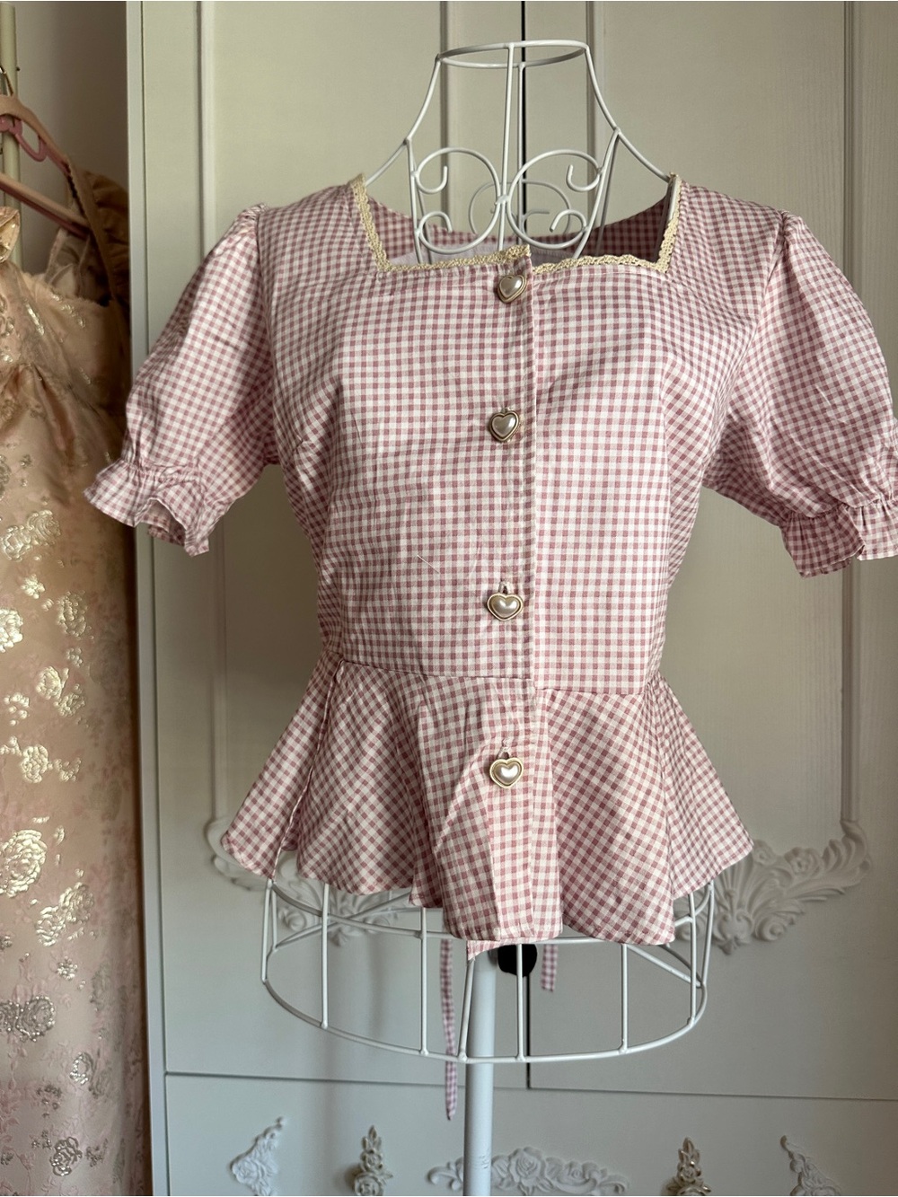 Romantic Pink Gingham Peplum Top - Heart Button Detail